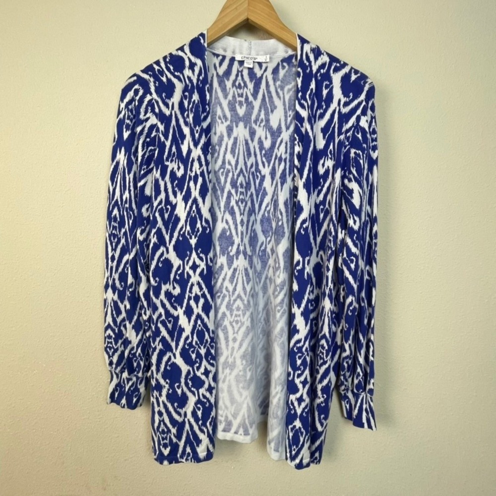 Chicos Blue White Ikat Boho Long‎ Sleeve Open Front Cardigan Sweater Knit XL